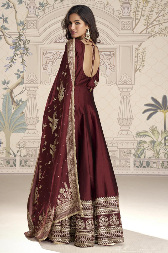Maroon Sequin with Embroidered Viscose Gown