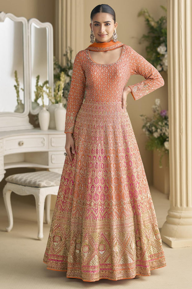 Orange Sequin with Embroidered Georgette Gown