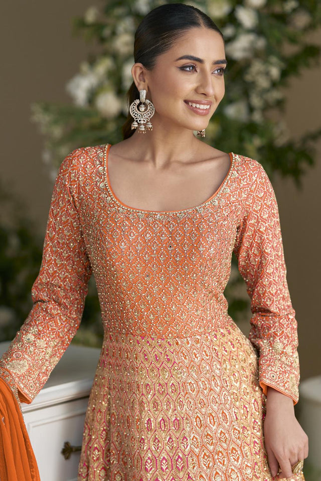 Orange Sequin with Embroidered Georgette Gown