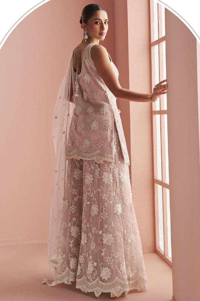 Pink Sequin with Floral Embroidered Net Palazzo Suits