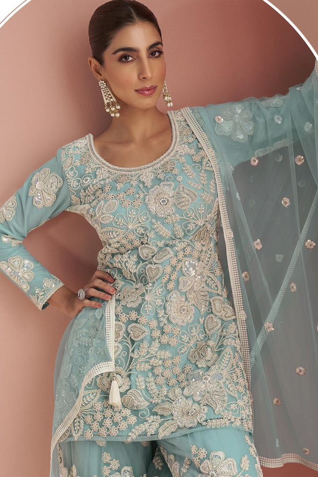 Blue Sequin with Floral Embroidered Net Palazzo Suits