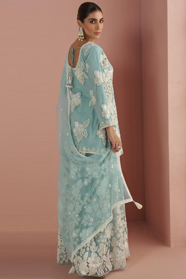 Blue Sequin with Floral Embroidered Net Palazzo Suits
