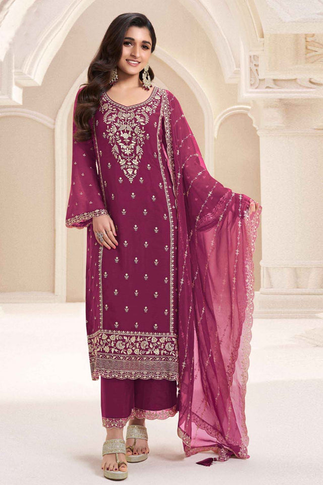 Violet Floral Embroidered Chiffon Pakistani Suit Set