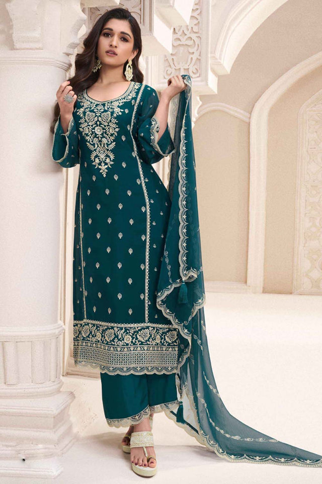 Green Floral Embroidered Chiffon Pakistani Suit Set