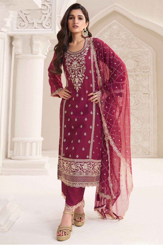 Red Floral Embroidered Chiffon Pakistani Suit Set