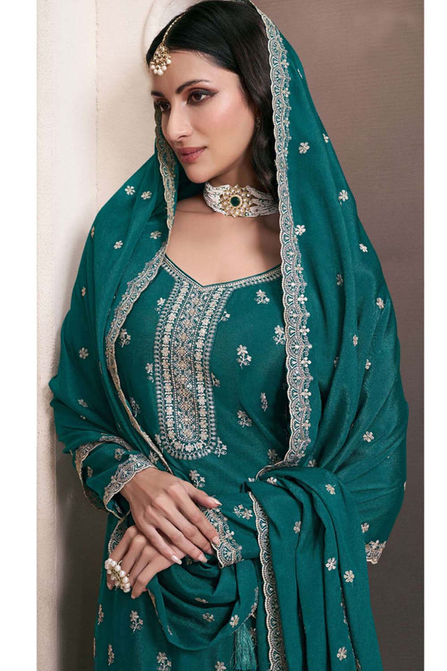 Green Floral Embroidered Silk Pakistani Suit Set