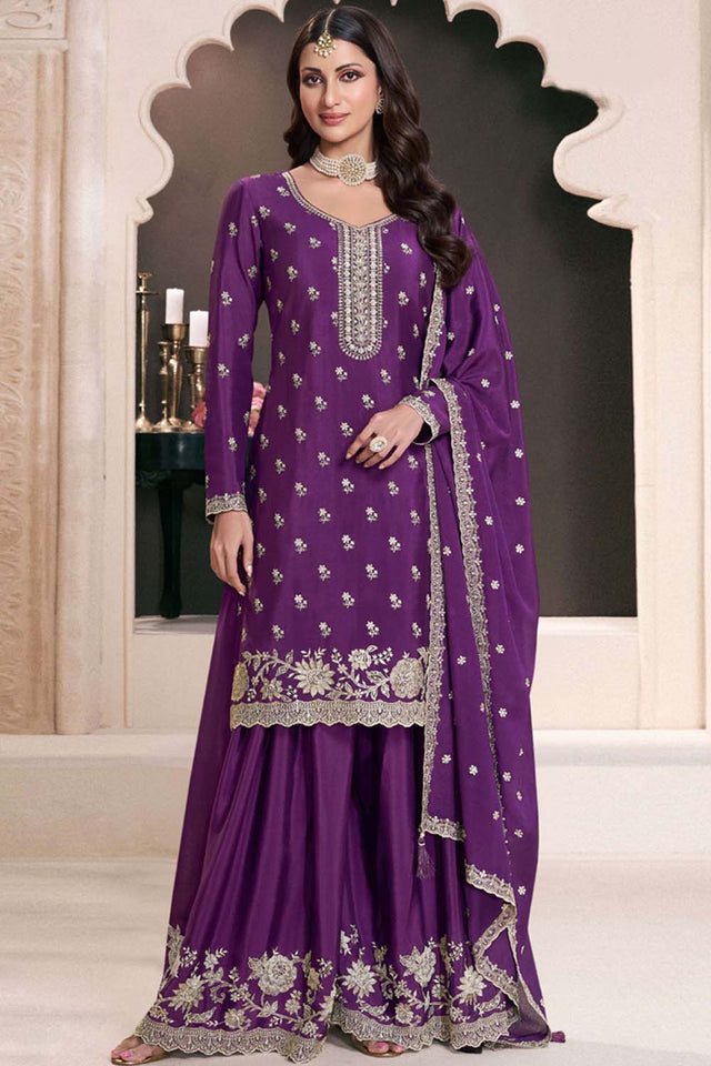 Violet Floral Embroidered Silk Pakistani Suit Set
