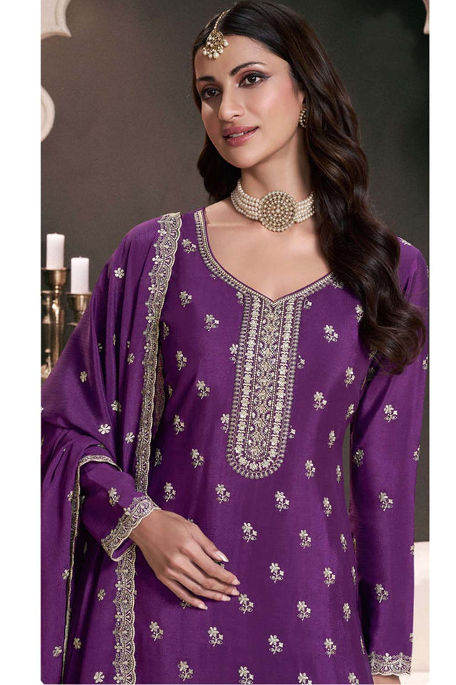 Violet Floral Embroidered Silk Pakistani Suit Set