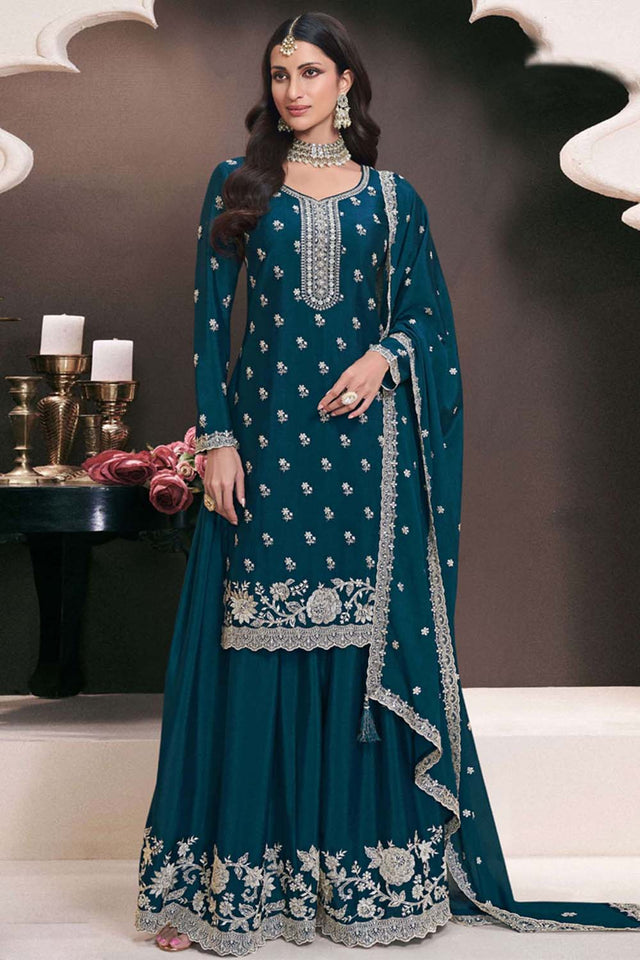 Blue Floral Embroidered Silk Pakistani Suit Set