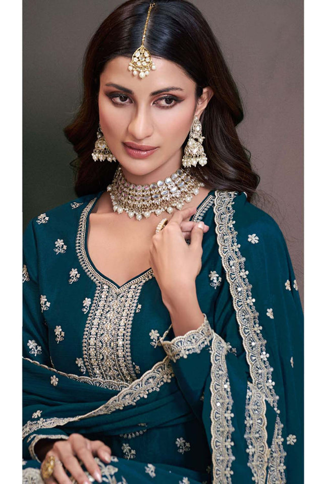 Blue Floral Embroidered Silk Pakistani Suit Set