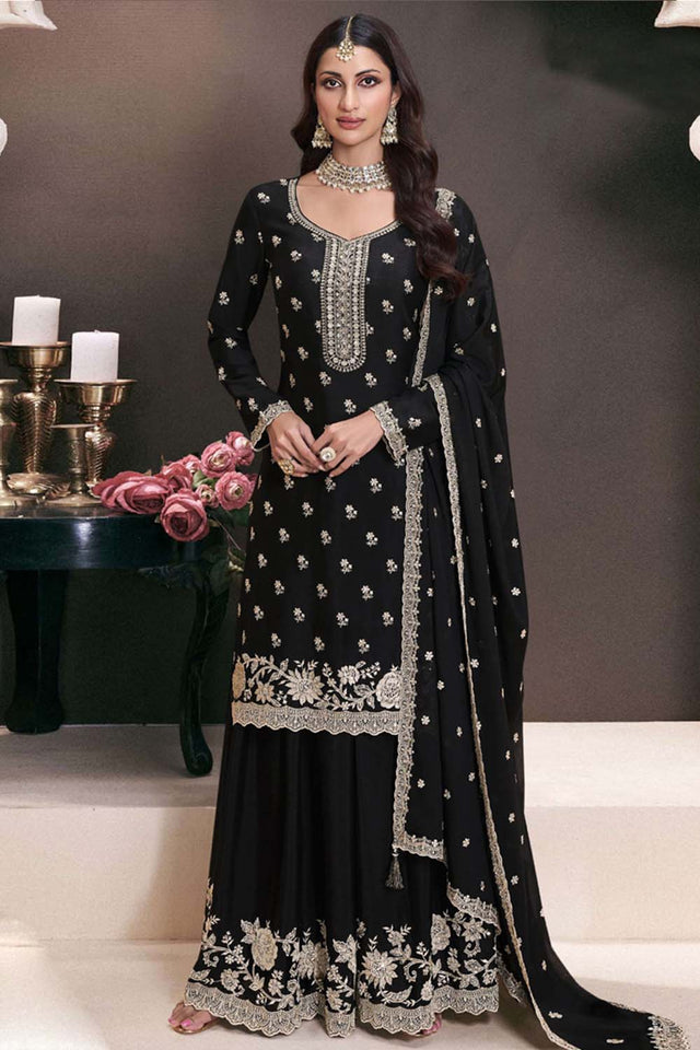 Black Floral Embroidered Silk Pakistani Suit Set