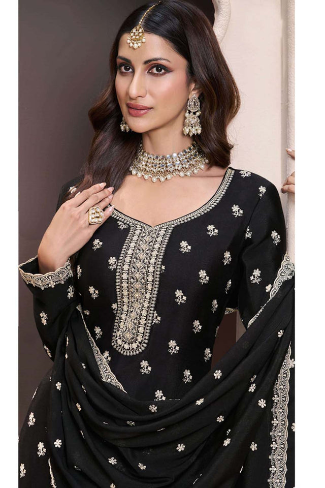 Black Floral Embroidered Silk Pakistani Suit Set