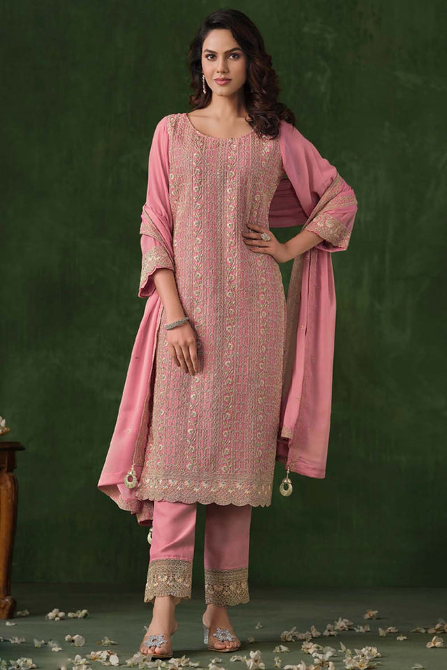 Pink Embroidered Silk Straight Cut Suit Set (vega vipul ayanna-6021)