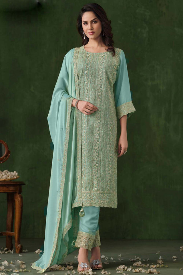 Blue Embroidered Silk Straight Cut Suit Set (vega vipul ayanna-6022)