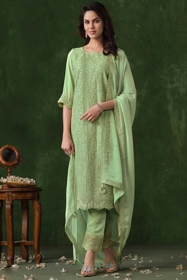 Green Embroidered Silk Straight Cut Suit Set (vega vipul ayanna-6025)