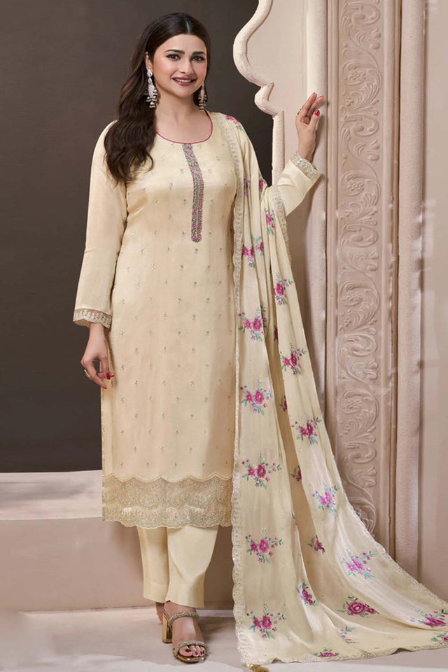 Beige Embroidered Silk Straight Cut Suit Set