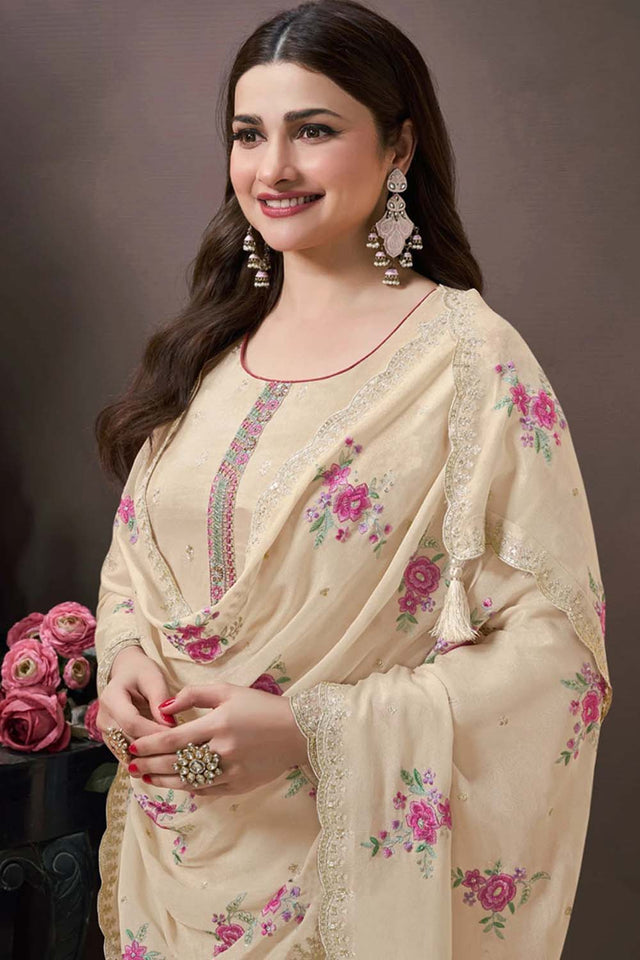 Beige Embroidered Silk Straight Cut Suit Set