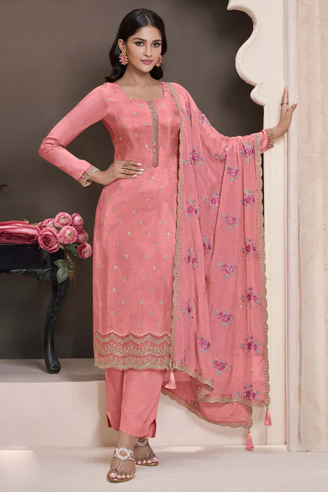 Orange Embroidered Silk Straight Cut Suit Set