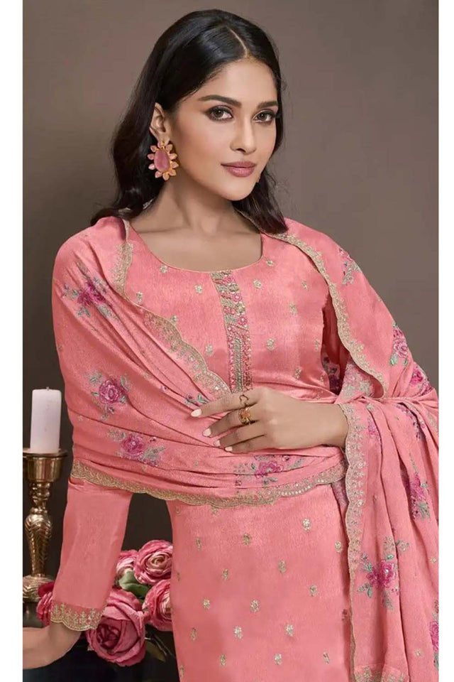 Orange Embroidered Silk Straight Cut Suit Set