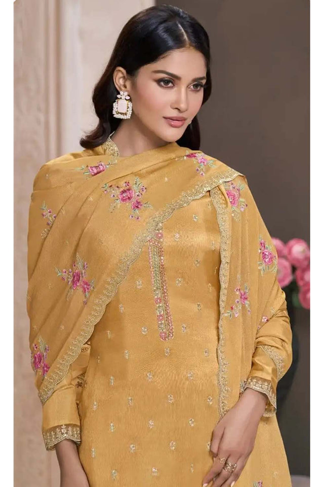 Yellow Embroidered Silk Straight Cut Suit Set