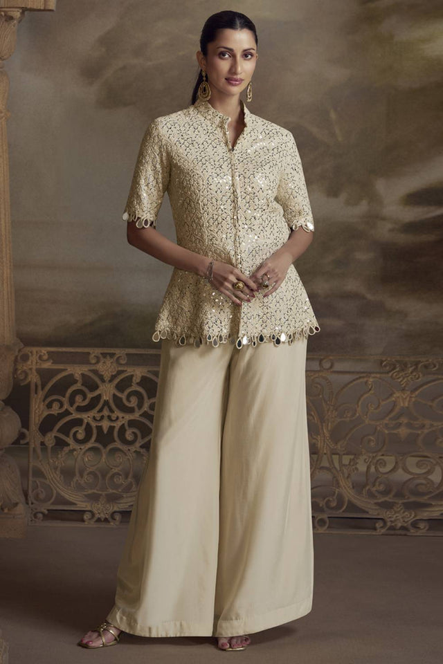 Cream Sequin with Embroidered Georgette Co-Ord Set (vega zeenat-5821)