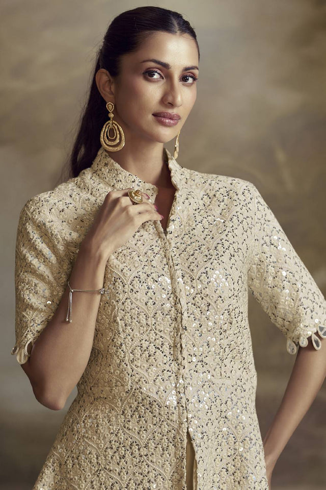 Cream Sequin with Embroidered Georgette Co-Ord Set (vega zeenat-5821)