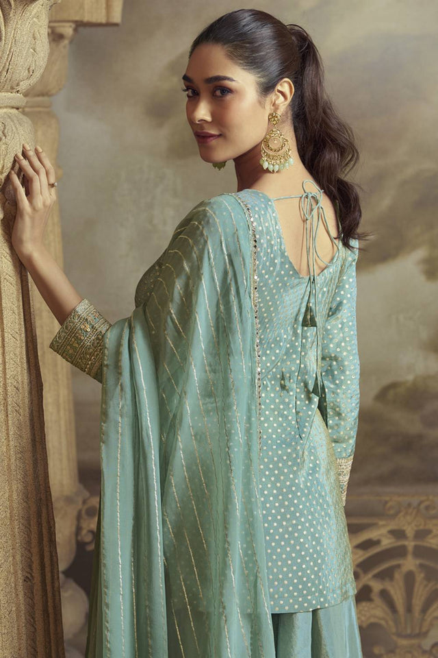 Blue Embroidered Viscose Sharara Suit Set (vega zeenat-5822)