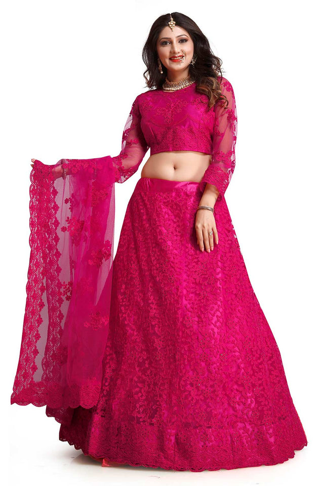Pink Net Embroidered Lehenga Choli