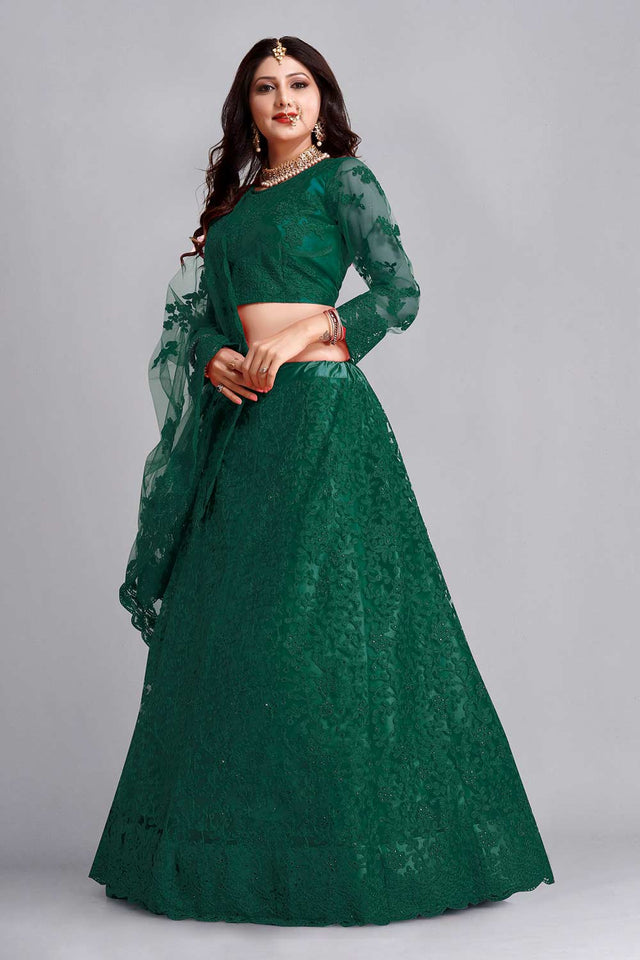 Green Net Embroidered Lehenga Choli