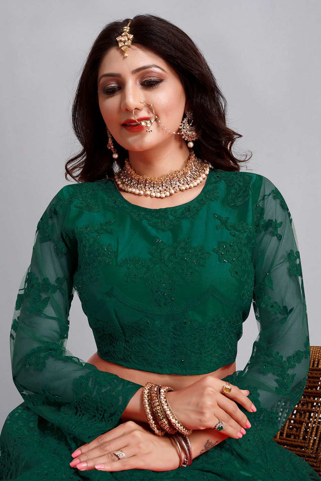Green Net Embroidered Lehenga Choli