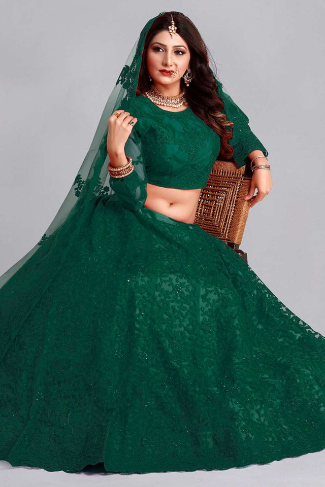 Green Net Embroidered Lehenga Choli