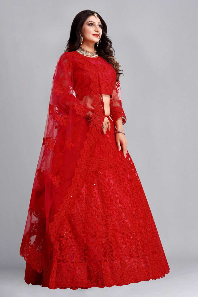 Red Net Embroidered Lehenga Choli