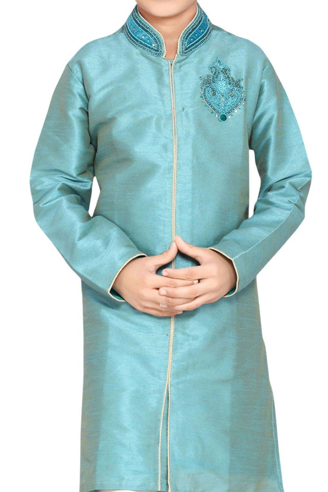 Boys Turquoise Art Dupion Silk Neck Embroidered Sherwani Set