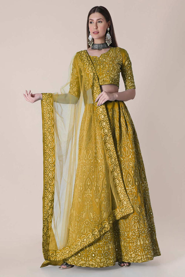 Yellow Taffeta Silk Embroidered Lehenga Choli