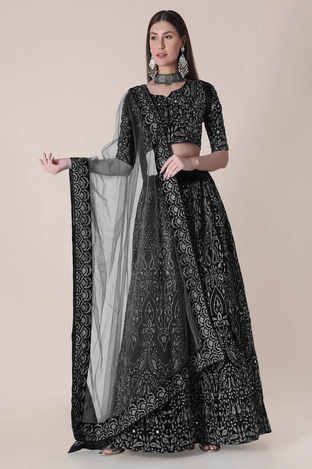 Black Taffeta Silk Embroidered Lehenga Choli