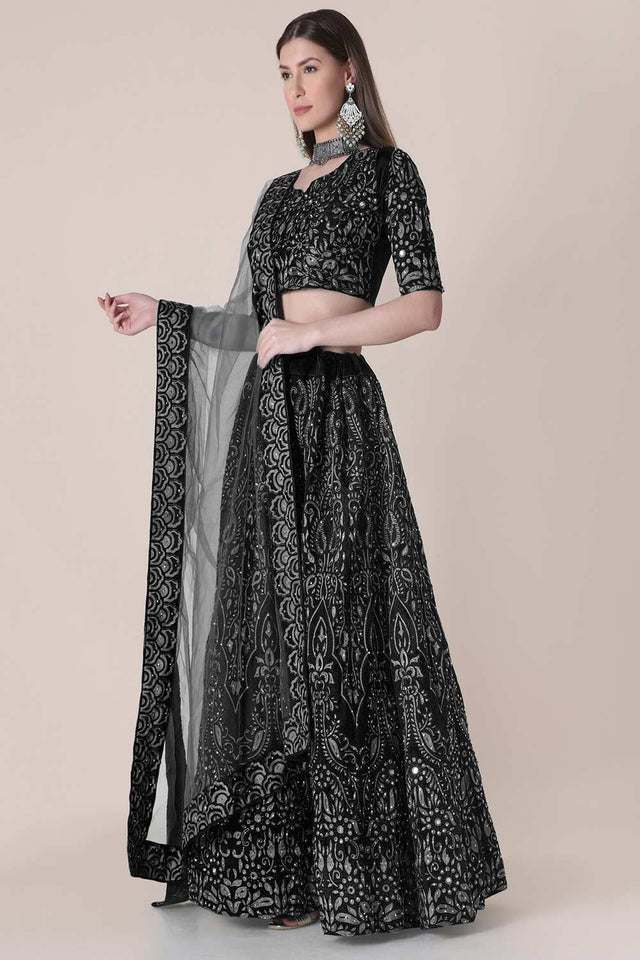 Black Taffeta Silk Embroidered Lehenga Choli