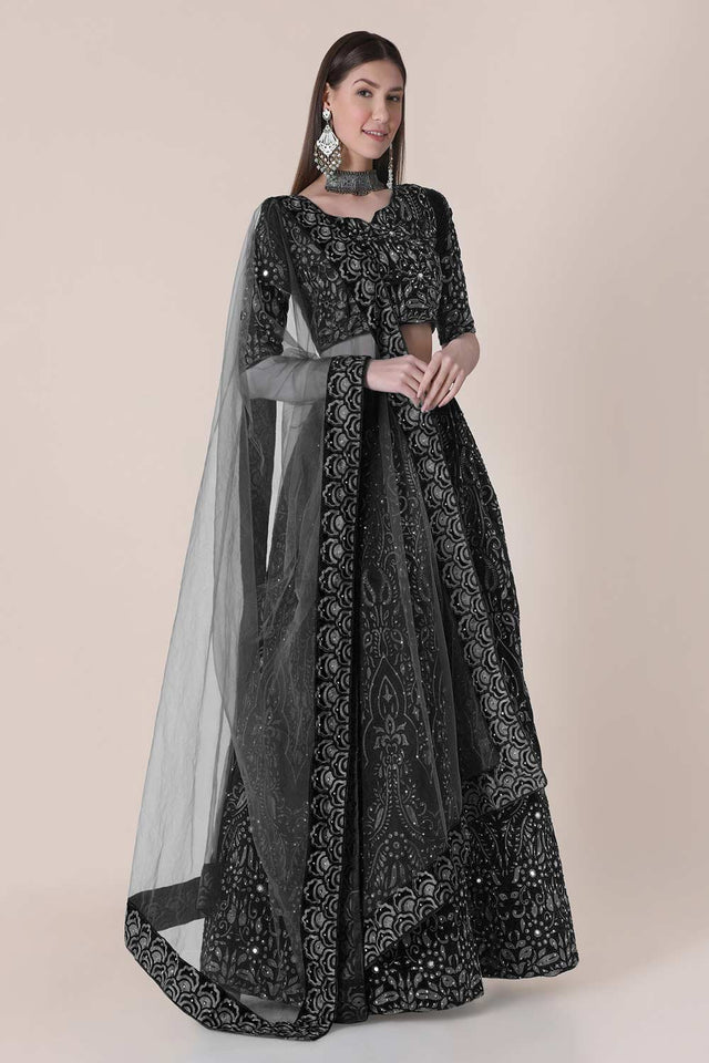 Black Taffeta Silk Embroidered Lehenga Choli