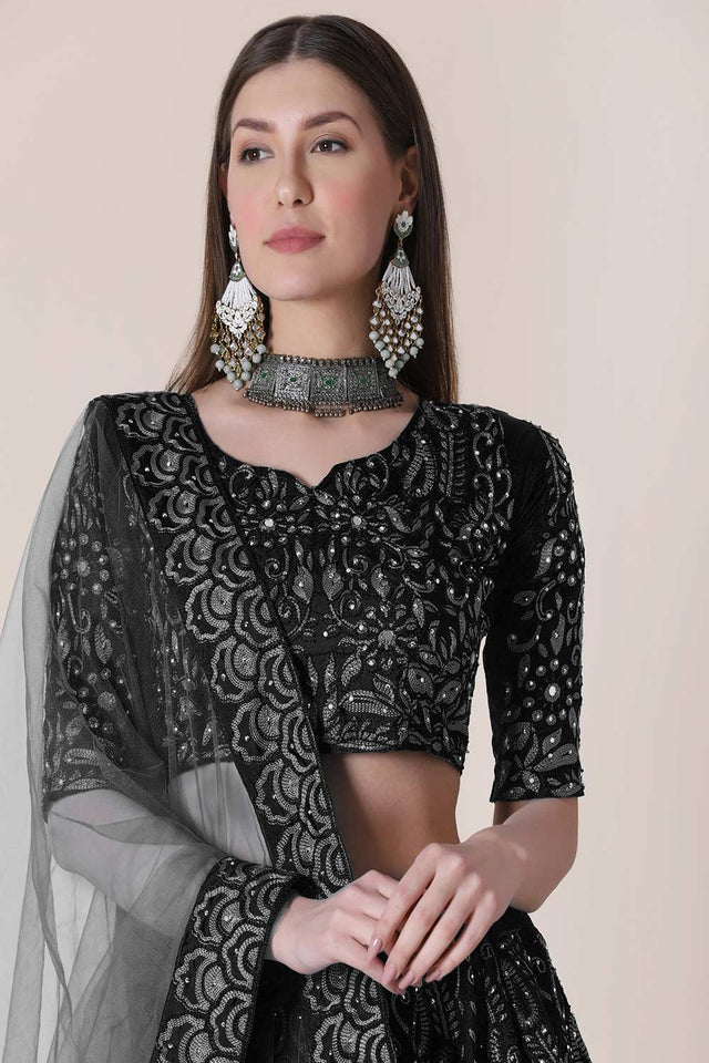 Black Taffeta Silk Embroidered Lehenga Choli