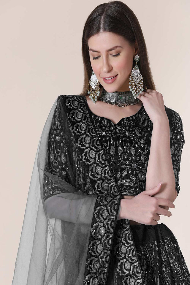 Black Taffeta Silk Embroidered Lehenga Choli