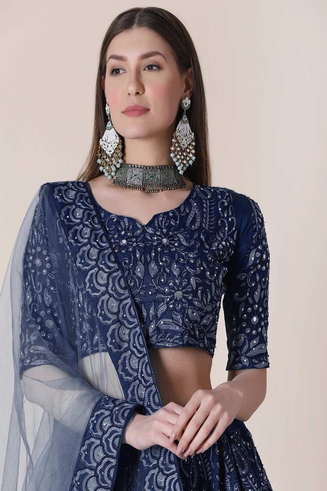 Blue Taffeta Silk Embroidered Lehenga Choli