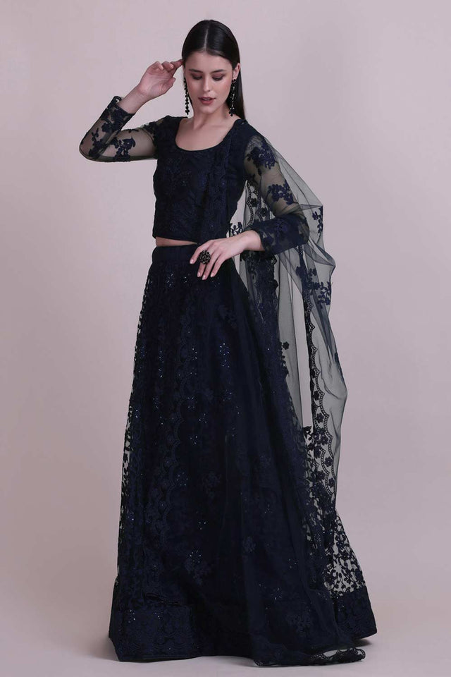 Blue Net Embroidered Lehenga Choli