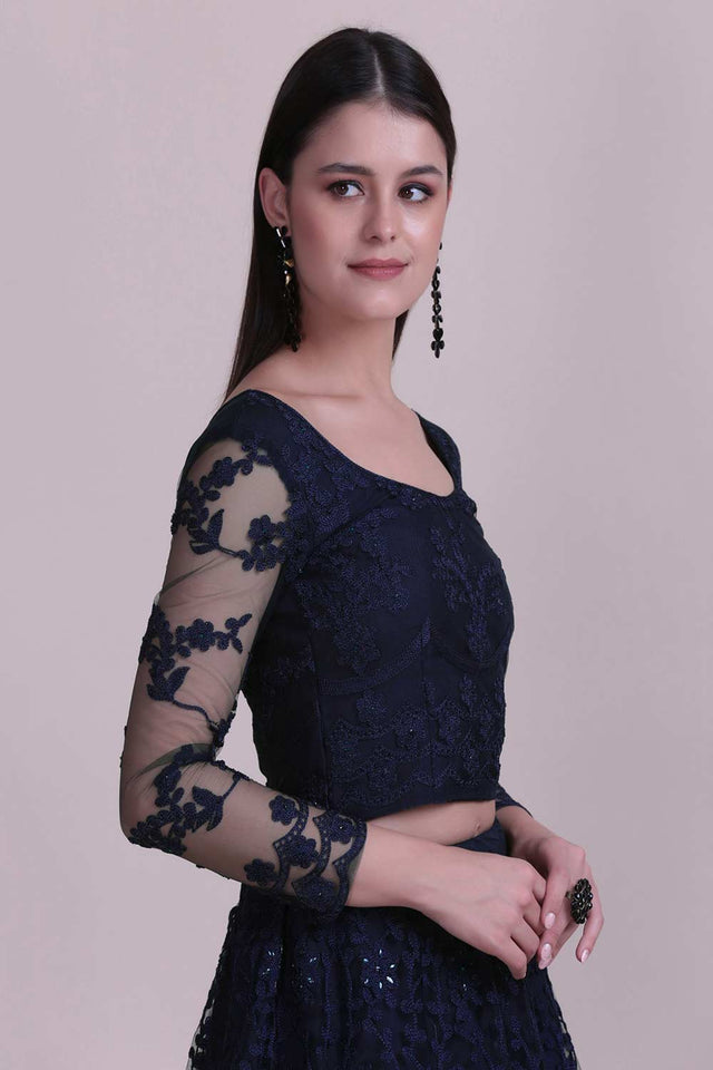 Blue Net Embroidered Lehenga Choli