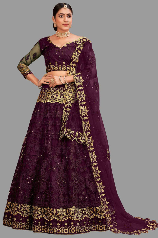 Purple Net Embroidered Lehenga Choli