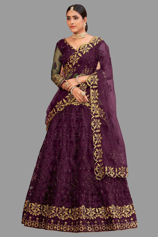 Purple Net Embroidered Lehenga Choli