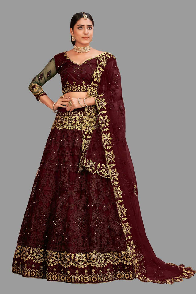 Red Net Embroidered Lehenga Choli