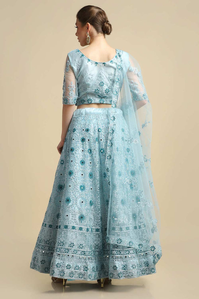 Blue Net Embroidered Lehenga Choli