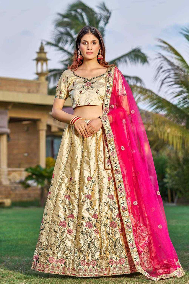 Cream Satin Embroidered Lehenga Choli