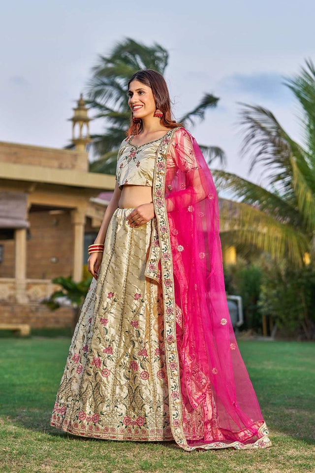 Cream Satin Embroidered Lehenga Choli