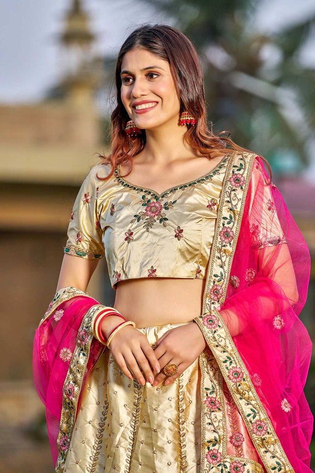 Cream Satin Embroidered Lehenga Choli