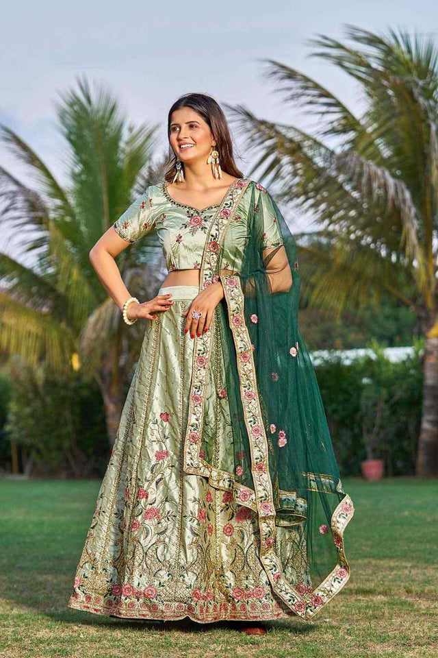 Light Green Satin Embroidered Lehenga Choli